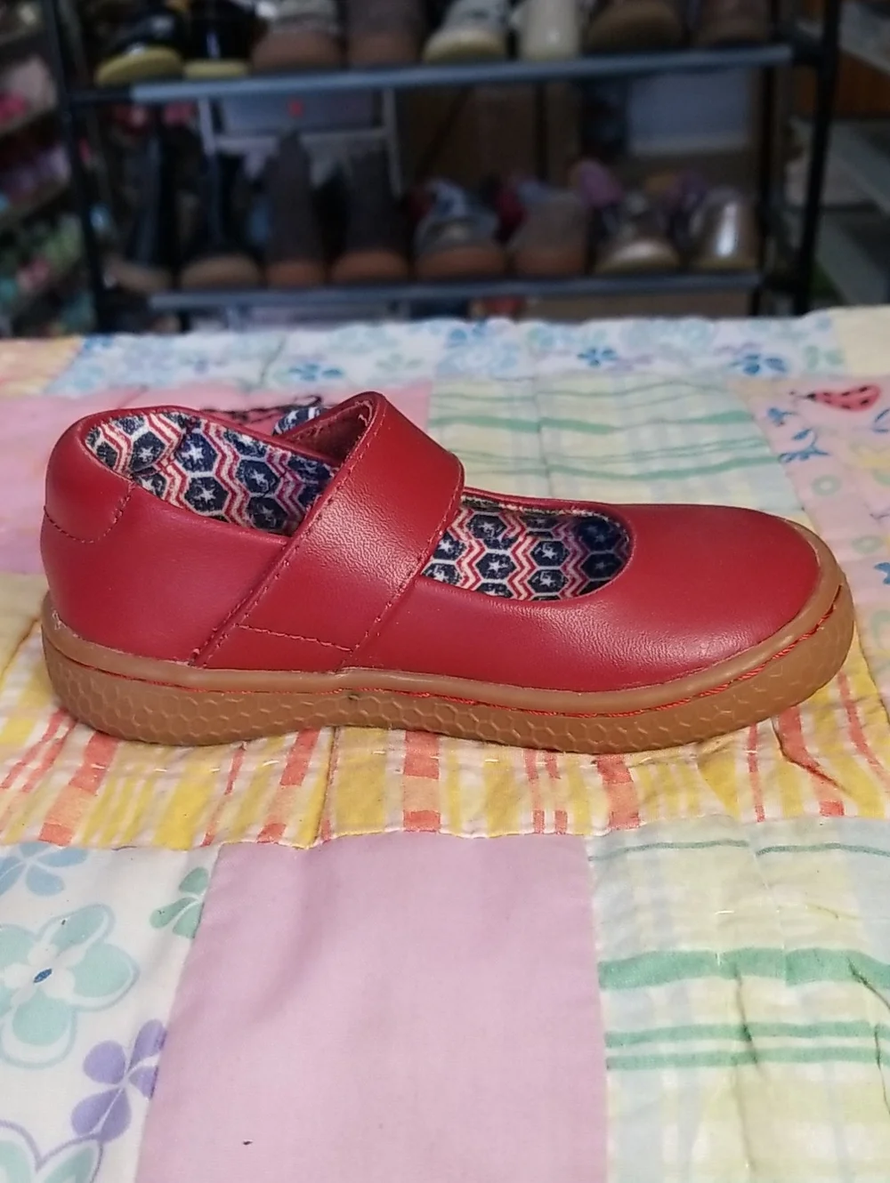 Livie & Luca Red Mary Jane Shoes with Patterned Lining & Buttons Size 5